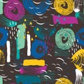 Vector seamless pattern with abstract shapes and scribbles. Creative textures. Stains of paint, ink. Artistic background Royalty Free Stock Photo
