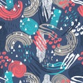 Vector seamless pattern with abstract shapes and scribbles. Creative textures. Stains of paint, ink. Artistic background Royalty Free Stock Photo