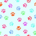 Vector, seamless pattern. Abstraction, multi-colored traces of paws of a cat, a dog on a light blue background. For prints, Royalty Free Stock Photo