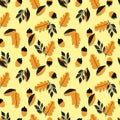 vector seamless pattern acorns, branches Oak with leaves.Botanical forest black yellow illustration. Background, wallpaper, Royalty Free Stock Photo