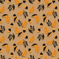 vector seamless pattern acorns, branches Oak with leaves.Botanical forest black yellow illustration. Background, wallpaper, Royalty Free Stock Photo