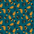 vector seamless pattern acorns, branches Oak with leaves.Botanical forest black yellow illustration. Background, wallpaper, Royalty Free Stock Photo