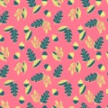 vector seamless pattern acorns, branches Oak with leaves.Botanical forest pink yellow illustration. Background, wallpaper, fabric Royalty Free Stock Photo