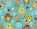 Vector of seamless pattern with adorable animals cartoon playing hide and seek. Tiger, monkey, bear and jungle elements Royalty Free Stock Photo