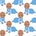 Vector Seamless Pattern with African American Baby Boy. Seamless pattern for Baby Boy Shower. Royalty Free Stock Photo