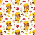 Vector Seamless Pattern with African American Little Girl. Vector Autumn, Fall