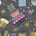 Vector seamless pattern with air balloons, fireworks, confetti,birthday cake. Royalty Free Stock Photo