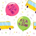 Vector seamless pattern with air balloons, lettering, yellow school bus and hand drawn school doodle elements on white ba Royalty Free Stock Photo