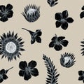 Vector seamless pattern of allamanda and vriesea. Hand drawn vector illustration Royalty Free Stock Photo