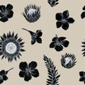 Vector seamless pattern of allamanda and vriesea. Hand drawn vector illustration