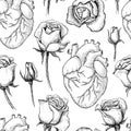 Vector seamless pattern with anatomical human heart and botanical roses.