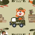 Vector seamless pattern with animal soldier driving military vehicle.