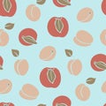 Vector seamless pattern with apricot and peach fruits on a light blue background. Royalty Free Stock Photo