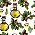 Vector seamless pattern of argan branches, oil bottle and nut.