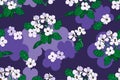 Vector seamless pattern ÃÂartoon, bouquet Violets indoor flowers outline, on blue background, outline hand drawn, floral print for Royalty Free Stock Photo