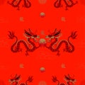 Vector seamless pattern with Asian Dragon Zodiac Sign in Paper Cut Art and Craft style on red colour background.Concept for Royalty Free Stock Photo