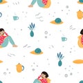 Vector seamless pattern with an asian girl with a dark hair in a bright clothing sitting with her back on her yellow Royalty Free Stock Photo