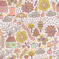 Vector seamless pattern, autumn doodles card. Hand draw trees an