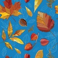 Vector seamless pattern with autumn set leaves, nuts, tree.