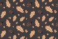 Vector seamless pattern with autumn sybmols, hand drawn doodle oak tree leaves, acorns, seasonal autumn backdrop. Perfect for Royalty Free Stock Photo