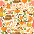 Vector seamless pattern with autumns cozy object and falls leaves and floral. Bright repeated texture for fall season. Royalty Free Stock Photo