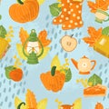 Vector seamless pattern with autumns cozy object and falls leaves and floral. Bright repeated texture for fall season. Royalty Free Stock Photo