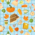 Vector seamless pattern with autumns cozy object and falls leaves and floral. Bright repeated texture for fall season. Royalty Free Stock Photo