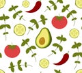 Vector seamless pattern with avocado, cucumber, tomato, chili pepper and basil Royalty Free Stock Photo