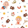 Vector seamless pattern with babies, toys, pacifier, rattle on a white background Royalty Free Stock Photo
