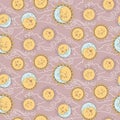 Vector seamless pattern with baby celestial bodies - moon, sun stars and clouds. Pastel hand drawn textile or wrapping design for Royalty Free Stock Photo