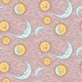 Vector seamless pattern with baby celestial bodies - moon, sun stars and clouds. Pastel hand drawn textile or wrapping design for Royalty Free Stock Photo