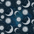 Vector seamless pattern with baby celestial bodies - moon, sun stars and clouds. Pastel hand drawn textile or wrapping design for Royalty Free Stock Photo
