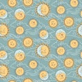 Vector seamless pattern with baby celestial bodies - moon, sun stars and clouds. Pastel hand drawn textile or wrapping design for Royalty Free Stock Photo