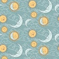 Vector seamless pattern with baby celestial bodies - moon, sun stars and clouds. Pastel hand drawn textile or wrapping design for Royalty Free Stock Photo