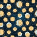 Vector seamless pattern with baby celestial bodies - moon, sun stars and clouds. Pastel hand drawn textile or wrapping design for Royalty Free Stock Photo