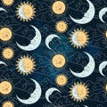 Vector seamless pattern with baby celestial bodies - moon, sun stars and clouds. Pastel hand drawn textile or wrapping design for