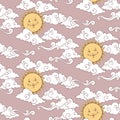 Vector seamless pattern with baby celestial bodies - sun and clouds. Pastel hand drawn textile or wrapping design for kids Royalty Free Stock Photo