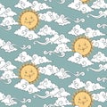 Vector seamless pattern with baby celestial bodies - sun and clouds. Pastel hand drawn textile or wrapping design for kids