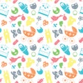 Vector seamless pattern with baby elements. Newborn clothes and Royalty Free Stock Photo