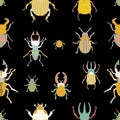 Vector seamless pattern background with bugs. black background. Royalty Free Stock Photo