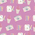 Vector seamless pattern background with cameras and ice-cream.Pink background.