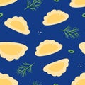 Vector seamless pattern background with cartoon style pierogi, filled dumplings with dill and green onion