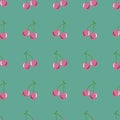 Vector seamless pattern background with cherries. Green background