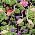 Vector seamless pattern, background with flamingo and tropical plants