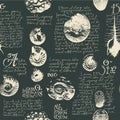 Seamless pattern with ancient ammonite shells and trilobites