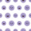 Vector seamless pattern background with purple coronavirus, virus cartoon style characters