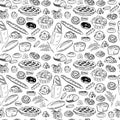 Vector seamless pattern with bakery goods - pie, bread, cookie, donut, croissant - outline isolated objects on white background.