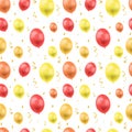 Vector Seamless Pattern, Ballons and Serpentin, Bright Golden Confetti Explosion, Birthday Greeting Card Background Template. Royalty Free Stock Photo