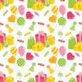 Vector Seamless Pattern with Balloons, Sweets and Gift Boxes. Seamless Pattern for Birthday and Party. Royalty Free Stock Photo