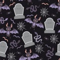 Vector seamless pattern with bats and gravestones on a black background